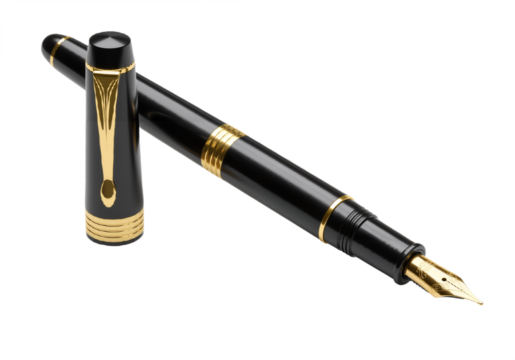 A sleek black and gold fountain pen featuring elegant gold trim.