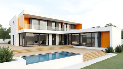 Modern Two Story House with Pool and Wood Decking