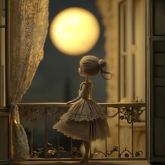 Girl stands on balcony looking at a large moon in the night sky.
