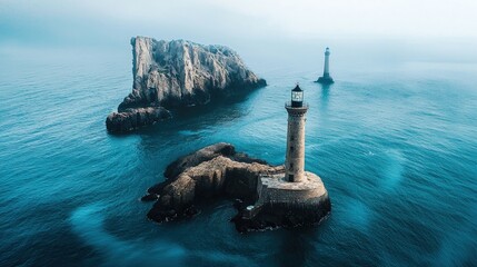 Coastal view showcasing a lighthouse on an island.
