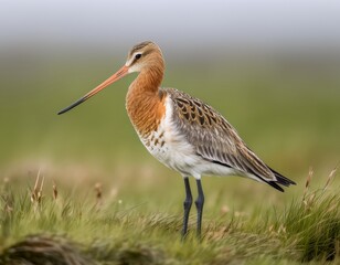 Obraz premium Stunning Portrait of a Godwit Bird in a Grassy Field Detailed Shot of Feathered Wildlife in Natural Habitat, Outdoor Photography of Avian Species
