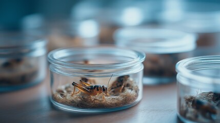 Insect specimens housed in glass containers at a research facility for entomology studies