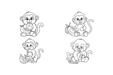 Cute Baby Monkey Banana Coloring Pages Animal Line Art for Kids