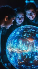 Three children look at a glowing blue sphere with city lights inside.