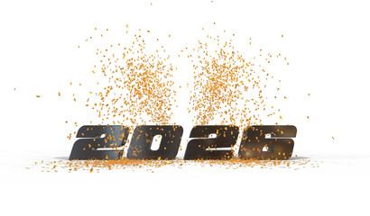 texte 2026 avec deux jets de confettis dorés - illustration 3D pour le nouvel an sur fond transparent