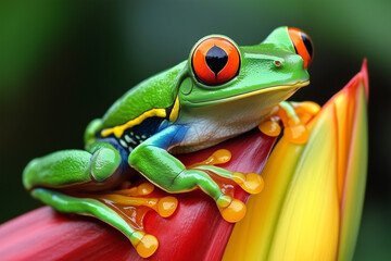 Obraz premium Captivating, red-eyed tree frog resting on a vibrant tropical flower