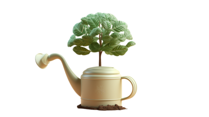 A whimsical scene of a small tree growing out of a watering can against a black background in studio shot