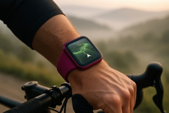 Cyclist checking smartwatch GPS during scenic early morning ride in hilly countryside landscape