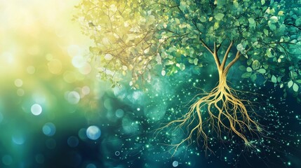 Tree with roots and leaves against a blurred green and yellow background.
