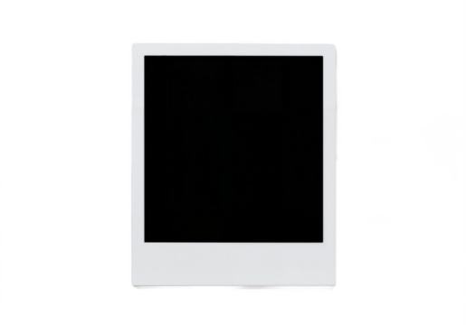 An empty Polaroid photo frame mounted on a transparent background.