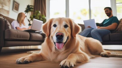 Golden Retriever Dog Lying in Front of Couple Working on Laptops on Couch in Cozy Living Room, Pet and Owners at Home