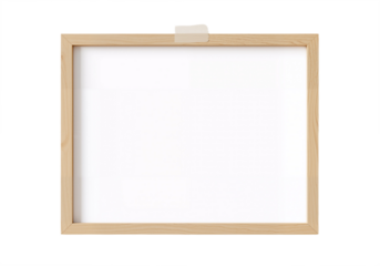 A wooden frame with a piece of tape attached to it, possibly for hanging or securing a photo or artwork.