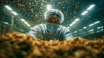 Worker in protective gear processes food in a factory during a busy production shift