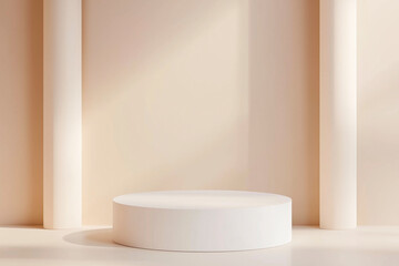Minimal round podium in a classical beige interior with columns and soft sunlight.