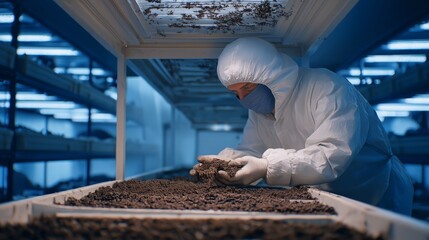 Worker investigates soil sample in laboratory setting focused on research and analysis