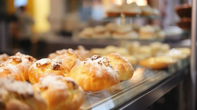 Assortment of baked pastries and buns at the bakery store.