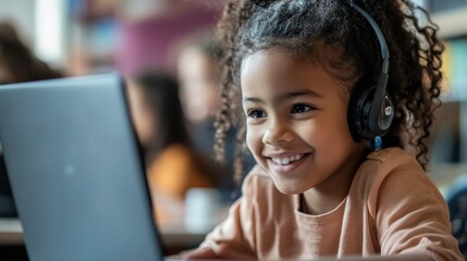 Happy Girl Using Laptop Headphones Online Learning