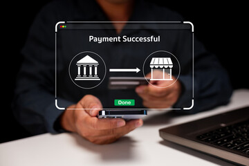 A person completes a successful online payment on a smartphone, with a digital confirmation overlay showing bank to store transaction.