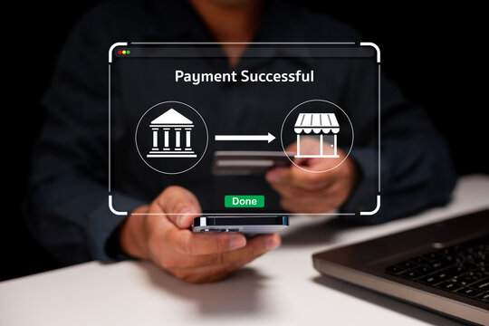 A person completes a successful online payment on a smartphone, with a digital confirmation overlay showing bank to store transaction.