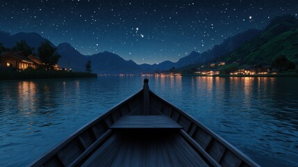 Obraz premium Ancient China during the Tang Dynasty, On the river, Bow view, A wooden boat moves slowly, Both sides of the strait are green hills 