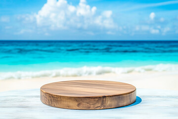 Obraz premium Round wooden table with a view of the ocean and blue sky in the background.