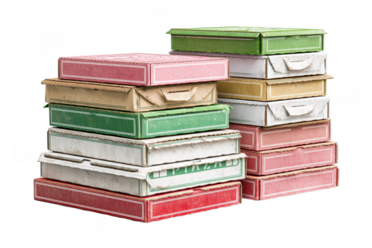 Colorful cardboard pizza boxes of green, pink, white, and brown are stacked in a casual array, symbolizing a shared meal or gathering. The mixture of colors adds a playful tone to the presentation.