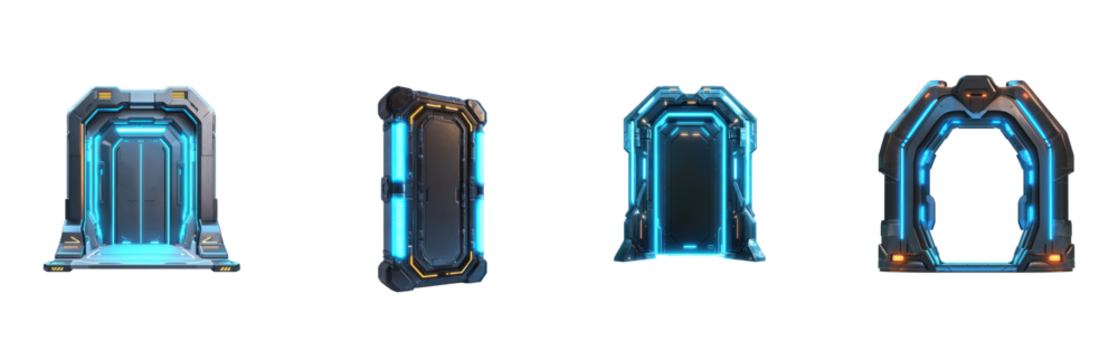 Collection of futuristic automatic door with glowing blue edges, midway through opening in a sci-fi setting. isolate on transparent background
