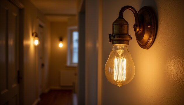 Flickering vintage Edison bulb in a tarnished hallway sconce with eerie glow against a 1930s apartment corridor at midnight with copy space   - Powered by Adobe