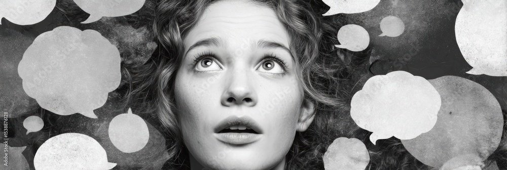 Poster Woman With Wide Eyes Surrounded by Overlapping Thought Bubbles Representing Inner Thoughts and Ideas in a Creative Visual Display