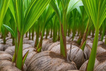 Multiple coconut seedlings growing from husks in soil, aligned neatly with vivid tropical leaves. 