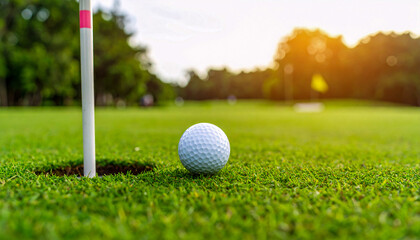 Obraz premium Golf Ball Next to Hole on Green Course
