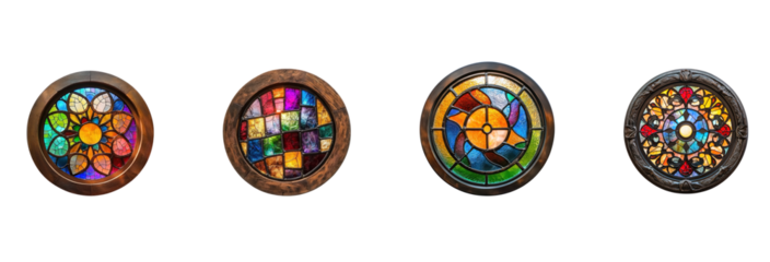 Collection of circular window frame with a stained-glass design, casting colorful light inside. isolate on transparent background