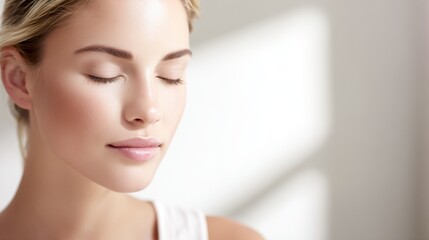 Fototapeta premium Close-up portrait of a serene woman with eyes gently closed, light-colored hair pulled back, smooth moisturized skin, neatly shaped eyebrows, slightly parted lips, wearing a white sleeveless top, 