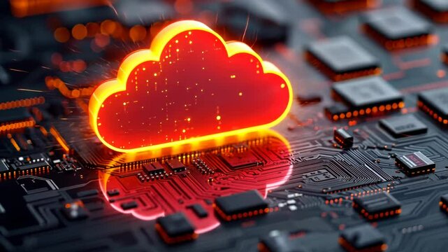 Glowing cloud icon on a circuit board