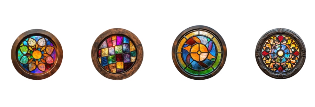 Collection of circular window frame with a stained-glass design, casting colorful light inside. isolate on transparent background