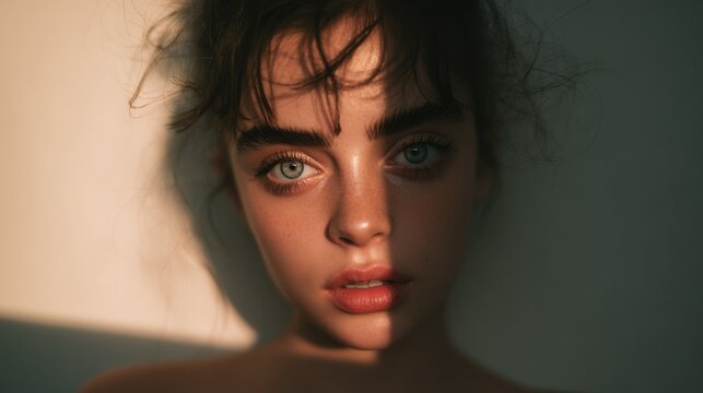 Close-up portrait of a young woman with striking features, tousled hair, dramatic lighting, thick dark eyebrows, expressive blue-green eyes, long lashes, freckles, natural pink lips, 