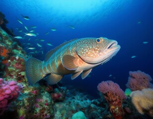 Majestic Grouper Fish Swimming Near Colorful Coral Reefs in Clear Blue Ocean Water - Underwater Marine Life Photography