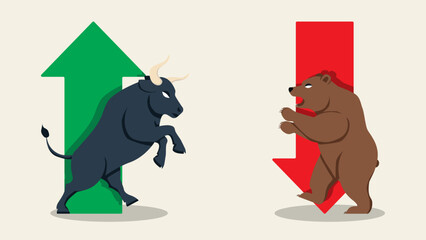 abstract background of flat vector stock market arrow red and green with bull and bear character