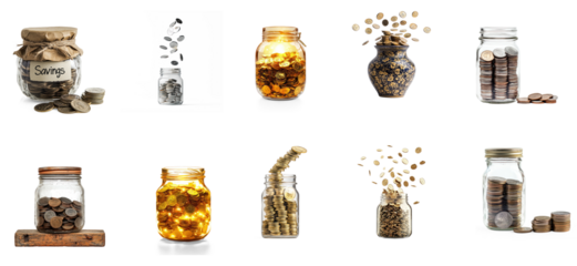 Collection of jar wrapped with a label that says "Savings" and a few coins resting next to it. isolate on transparent background