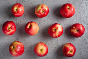 red apples are neatly spaced in rows on a textured gray concrete surface. The minimalist top-down layout with soft shadows is ideal for food blogs, healthy lifestyle promotions, or autumn themes.