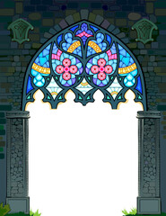 Background with magic gothic gate and stained glass window. Drawing of fantasy fairy tale environment. Hand drawn vector Illustration for computer game, children's book cover, wallpaper, decoration.