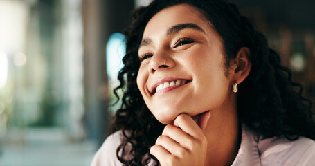 Happy woman, thinking and business with vision for career opportunity, development or improvement. Female person, employee or smile with sight in wonder for inspiration or day dreaming at workplace