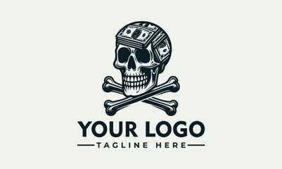 A monochrome illustration of a skull with money and crossed bones, logo design.