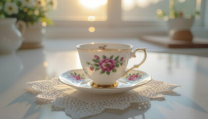 Fototapeta premium High-res photo of elegant porcelain teacup with floral handle on bright kitchen counter at sunrise, flat-lay style with lace napkin and room for text 