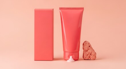 Minimalist coral skincare set: tube, box, and stone display a fresh aesthetic beauty