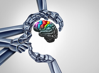 AI therapy and robot therapist as neural interface interacting with a patient as a digital clinic symbolizing the fusion of AI mental health support and virtual psychotherapy.