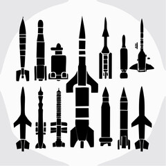A collection of stylized black rocket silhouettes on a light grey background.