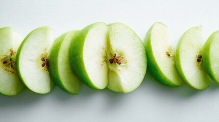 A row of vibrant green apple slices arranged on a bright white background, showcasing their juicy texture and seeds