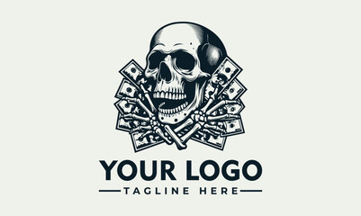 A stylized skull logo, surrounded by money and bones, with a tagline area below.