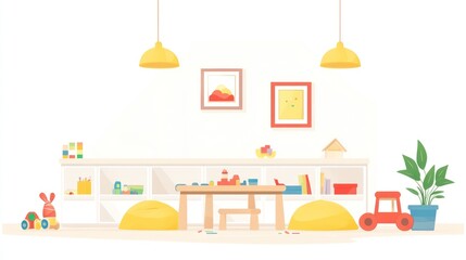 Playful, minimalist illustration of a child's playroom featuring a long white shelf with toys, a small wooden table with playthings, beanbag chairs, and hanging lights